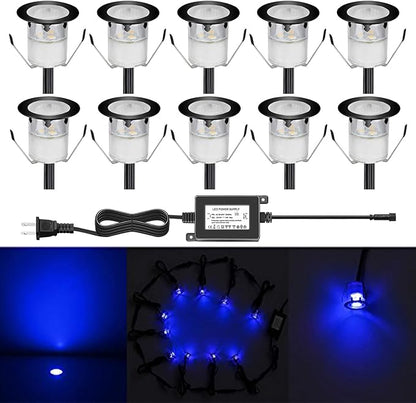 Low Voltage LED Deck Light Kit Stainless Steel Waterproof Recessed Wood Decking Stairs Garden Yard Patio Decor Lamp Outdoor Black Border LED Lighting (Blue, 10pcs)