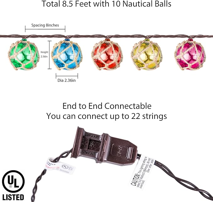 Decorative String Lights Plug in with 10 Incandescent Bulbs, Nautical Fishing Float String Lights Connectable Weatherproof for Indoor Home Tiki Bar Decor and Outdoor Patio Decorations (Multi-color)