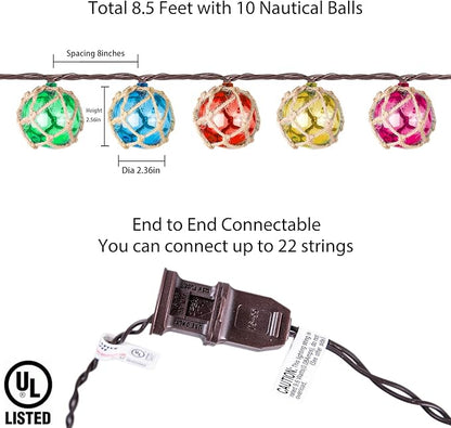 Decorative String Lights Plug in with 10 Incandescent Bulbs, Nautical Fishing Float String Lights Connectable Weatherproof for Indoor Home Tiki Bar Decor and Outdoor Patio Decorations (Multi-color)