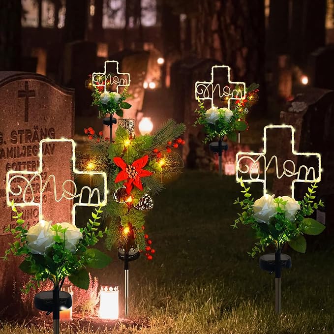 Lmtocs Grave Decorations for Cemetery Mom, Memorial Sympathy Gifts for Mom Cemetery Decorations, Waterproof Solar Cross Lights with Rose Flower for Christmas Mother Day Memorial Day Decor