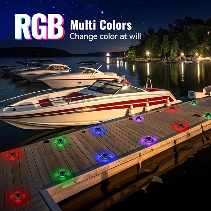 Solar Driveway Lights Outdoor 24 Pack, RGB Colors Solar Deck Dock Lights Outdoor Waterproof IP68, 3 Dynamic Light Modes Driveway Marker for Warning Stair, Boat Dock, Step, Walkway, Patio Decor
