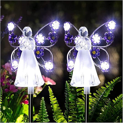 Solar Garden Lights 2pcs Fairy Garden Ornaments Outdoor Solar Pathway Lights, Flower Fairy Resin Figurine Lamp for Courtyard Lawn, Commemorate Gift (Color : Purple)