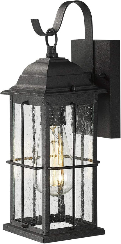 zeyu 1-Light Outdoor Wall Sconce Lantern, 14 inch Exterior Light Fixtures Wall Mount in Black Finish with Seeded Glass Shade, 20071B1
