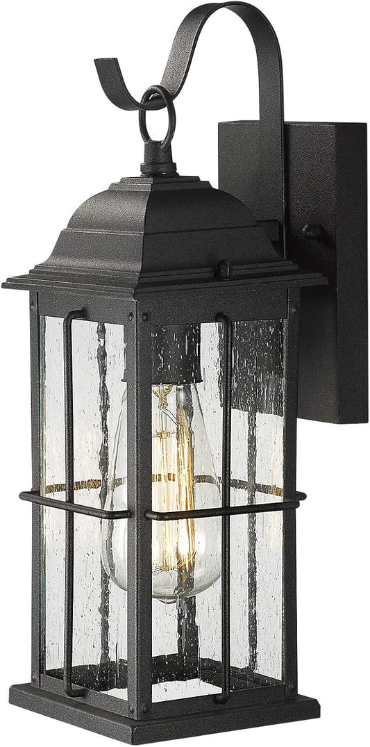zeyu 1-Light Outdoor Wall Sconce Lantern, 14 inch Exterior Light Fixtures Wall Mount in Black Finish with Seeded Glass Shade, 20071B1