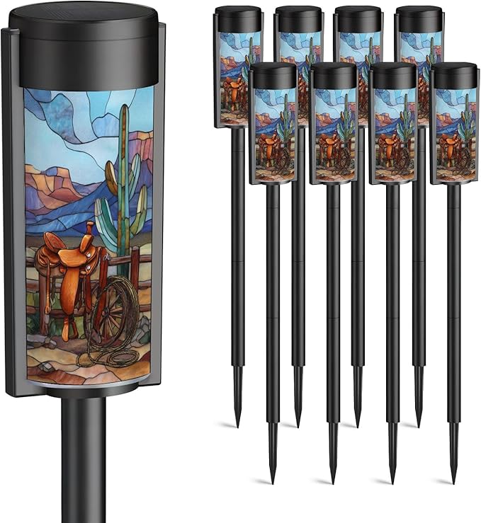 8 Pack Solar Pathway Lights Outdoor Waterproof Stained Glass Golden Sunset Western Border Design Solar Garden Lights LED Landscape Lighting for Yard Walkway Lawn Garden Decor