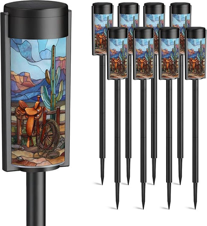 8 Pack Solar Pathway Lights Outdoor Waterproof Stained Glass Golden Sunset Western Border Design Solar Garden Lights LED Landscape Lighting for Yard Walkway Lawn Garden Decor