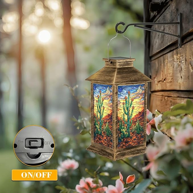 Solar Lantern Outdoor Waterproof Art Storm Clouds Prickly Pear Flowers Garden Decor LED Solar Lights Hanging/Tabletop Lamp Gifts for Women Mom for Outside Yard Patio