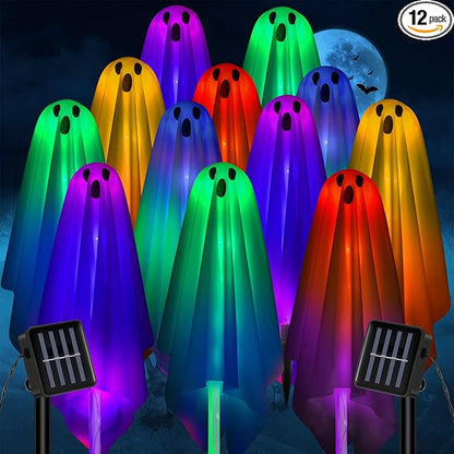 Threan 12 Packs Halloween Decoration Solar Ghost Pathway Decoration Outdoor White Cloth Ghost Stakes, Spooky Cloth Ghosts Solar Decor, Changing LEDs Pathway for Halloween Party Yard Lawn Patio Porch