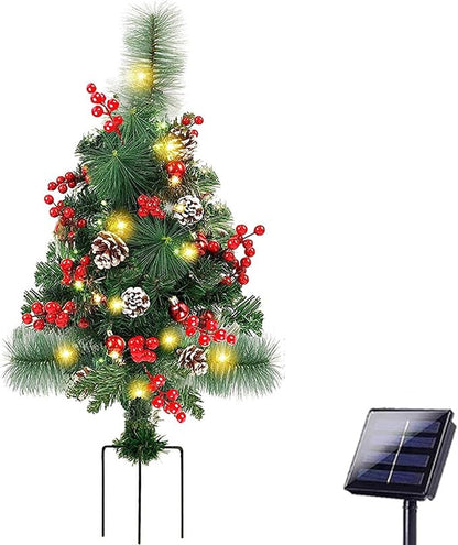 Prelit Artificial Christmas Trees Lights 17.2 Inch Solar Christmas Tree Pathway Lights with Stake Red Berries Pinecones Waterproof Xmas Urn Filler Solar Stake Lights Garden Decor(1Pcs/Solar Powered)