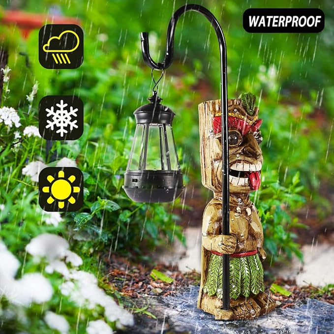 16.7" H Tiki Decor Garden Statue,Large Lantern Tiki Figurine with Solar Lights,Hawaiian Tiki Man Outdoor Patio Yard | Lumora