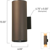 Kichler Cylinders 15" 2-Light Outdoor Cylinder Wall Sconce in Architectural Bronze, (15" H x 5.75 W), 9246AZ | Lumora