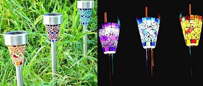 Solar Lights 3 Pack,Solar Garden Lights Solar Path Lights Stainless Steel Solar Glass Mosaic Stake Light for Garden Path Lawn Outdoor Patio Driveway