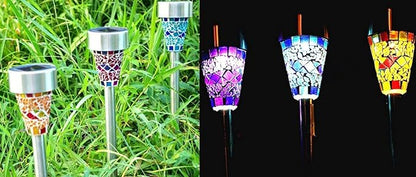 Solar Lights 3 Pack,Solar Garden Lights Solar Path Lights Stainless Steel Solar Glass Mosaic Stake Light for Garden Path Lawn Outdoor Patio Driveway
