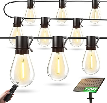 Torkase Solar Powered 150FT Outdoor String Lights 35+2 LED Bulbs Waterproof Shatterproof Remote Control Dimmable Extra Long Hanging Lights for Large Yard Deck Market Cafe Event Lighting