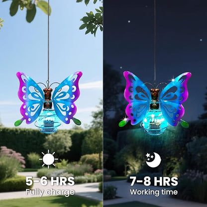 Solar Hanging Butterfly Lights LED Outdoor Garden Decor Light Waterproof Powered Unique Decorations for Sister Birthday Gardening Gifts for Mom Women Front Porch Balcony Backyard Yard Path