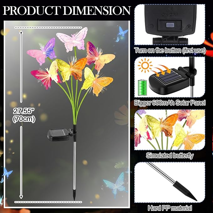 4 Pack Solar Butterfly Lights Outdoor Garden, 6 Head Solar Swaying Pathway Stake Lights Waterproof for Yard Lawn | Lumora