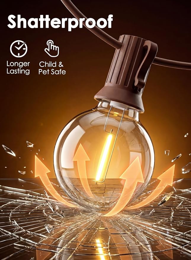 SUNSGNE 25FT Brown Outdoor String Lights, Shatterproof LED Globe String Lights with G40 Bulbs, Waterproof Connectable Hanging Light for Backyard Patio Porch Balcony Party Decor, E12 Base