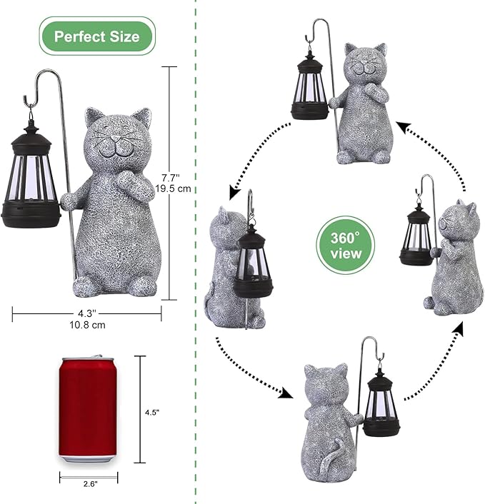 Qeeman Solar Cat for Garden Decor: Weatherproof Resin Statues with Lantern for Outdoor Outside Yard Pathway Patio Porch Balcony Decorations - Gifts for Mom Grandma Cat Lovers