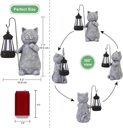 Qeeman Solar Cat for Garden Decor: Weatherproof Resin Statues with Lantern for Outdoor Outside Yard Pathway Patio Porch Balcony Decorations - Gifts for Mom Grandma Cat Lovers