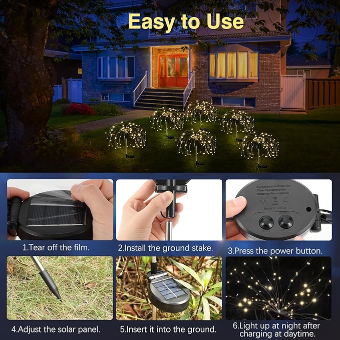 Lewondr Firework Solar Garden Lights 4 Pack, 120 LED Solar Firework Lights with 8 Lighting Modes, Waterproof Sparkler Starburst Solar Lights Outdoor for Yard Porch Patio Backyard, Warm