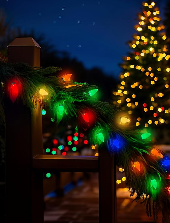 C7 LED Christmas Lights, 26FT C7 Vintage Christmas Lights with 50 Multicolor LED Bulbs, Colorful Outdoor String Lights for Xmas Tree Home Party Garden Yard Patio Decorations