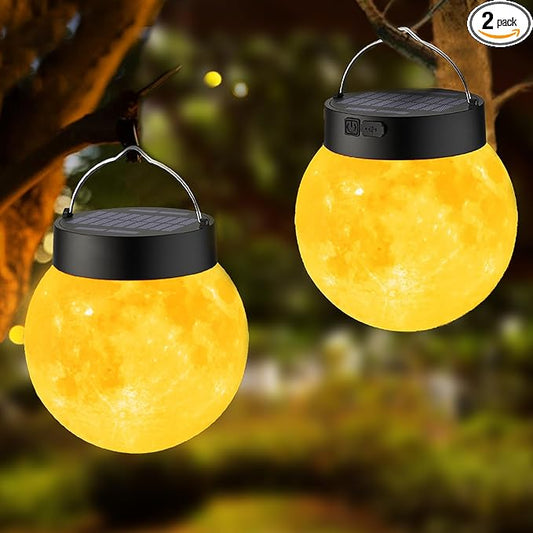 Solar Powered Garden Moon Lights, 2 Pack 3D Moon Surface Printing Globe Light with Warm White LED Lights,Waterproof Outdoor for Lawn,Patio,Yard,Camping,Christmas Lights Decor