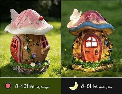 Mushroom Fairy House Garden Statue Outdoor Figurine with Solar Light,Fairy House Garden Decor,Fairy Cottage Ornaments,for Patio Yard Balcony Decoration,Gifts for Mom & Women