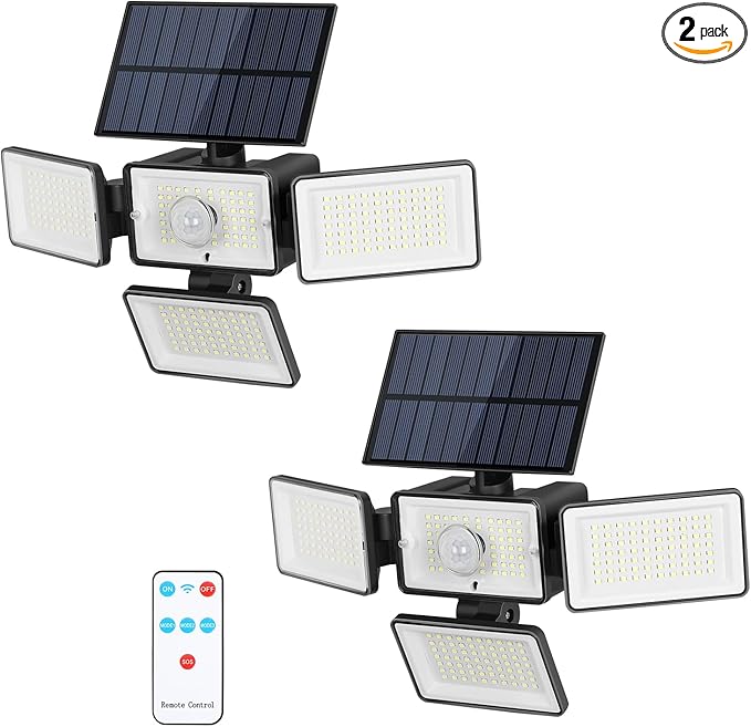 Solar Outdoor Lights 288 LED 2500LM,Motion Sensor Outdoor Light with Remote Control,4 Heads IP65 Waterproof Outdoor Solar Security Lights for Patio Garden Backyard Yard (2 Pack)