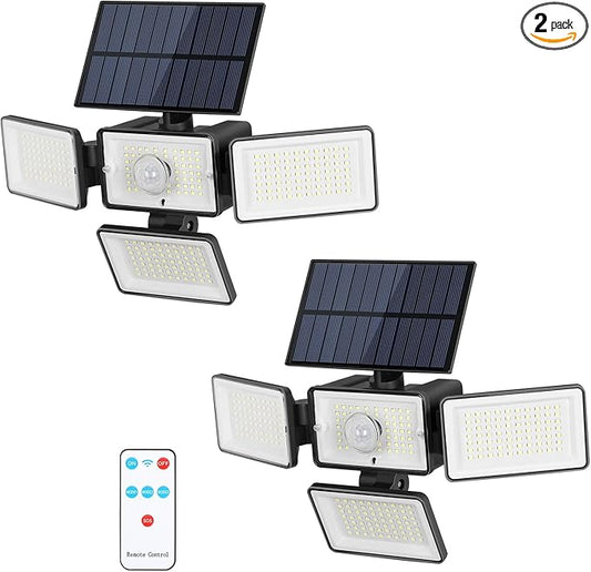 Solar Outdoor Lights 288 LED 2500LM,Motion Sensor Outdoor Light with Remote Control,4 Heads IP65 Waterproof Outdoor Solar Security Lights for Patio Garden Backyard Yard (2 Pack)