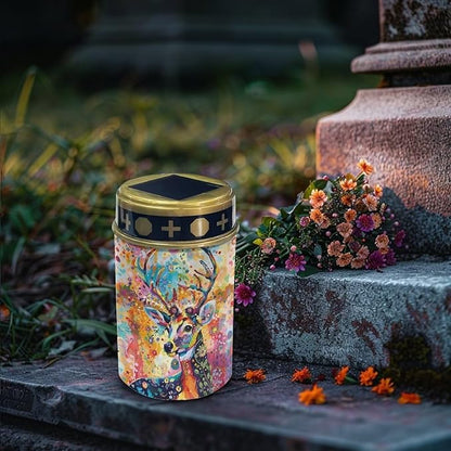 Solar Garden Lights for Cemetery Colorful Watercolor Deer Solar Lights Outdoor Garden, Eternal Lights for Cemetery Grave Decorations