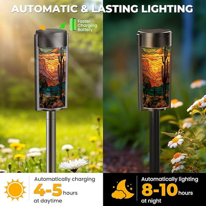 8 Pack Solar Pathway Lights Outdoor Waterproof Southwest Cactus Stained Glass Art Golden Sunset Motifs Solar Garden Lights LED Landscape Lighting for Yard Walkway Lawn Garden Decor