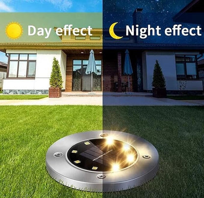 Solar In-Ground Lights Outdoor 8 LED Disk Light Solar Powered Landscape Path Lights for Garden Lawn Yard Patio Pool Patio Deck Driveway Walkway Pathway,Silver Finish,4 Pack (Warm White)