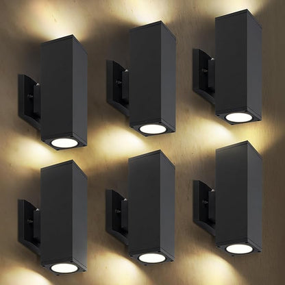 ASD 2 Light Square Dusk to Dawn LED Outdoor Wall Light Fixture | 18W 1900LM 3000K-5000K 120V Cylinder Up Down Lights | Exterior Wall Sconce | Front Door, Porch, Patio | Black, ETL 6 Pack