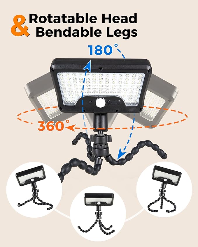Motion Sensor Outdoor Lights with Flexible Octopus Tripod - 600LM Solar Sercurity Lights Waterproof, Dual Charging Solar Ourdoor Light for Camping,Fence, Patio (2, Black(6000K)