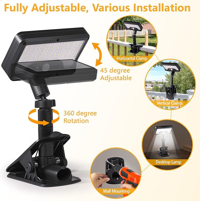 Clip On Solar Lights Outdoor with Motion Sensor, 360°Rotatable & Vertically Adjustable Solar Fence Lights with 92 LEDs (600 LM, 6000 K),IP65 waterproof Security light for deck, Gutter, Camping(2 Pack)