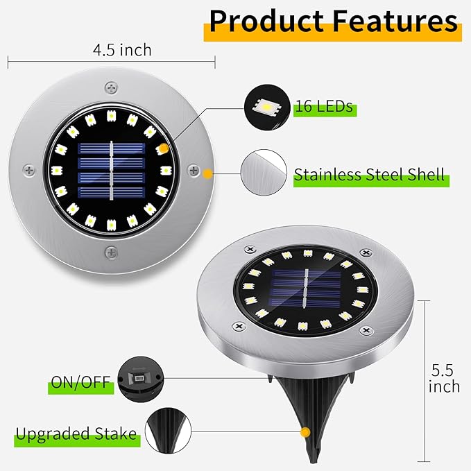 NFESOLAR Solar Lights Outdoor with 16 LEDs, Bright Solar Ground Lights Outdoor Waterproof for Yard Garden Lawn | Lumora