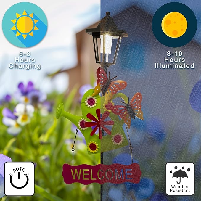 Crosslight Solar LED Watering Can Welcome Sign - Weatherproof Garden Stake Light for Outdoor Decoration - Decor for Yard, Lawn, Patio, Pathway, Backyard | Warm White