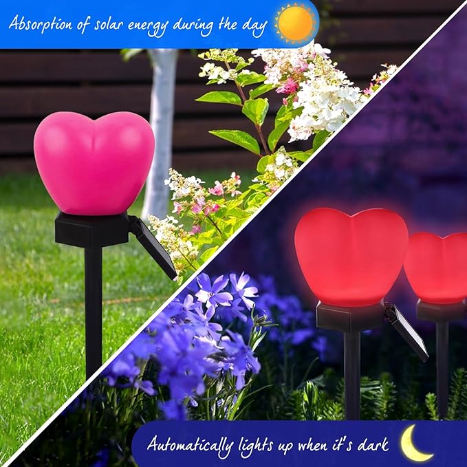 Valentines Day Red Heart Solar Lights Outdoor, 2Pcs Waterproof Valentines Day Solar Garden Light LED Heart Lights Wedding Decorations for Yard Walkway Outside (Peach Pink)