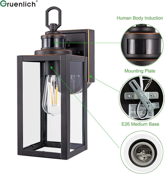 GRUENLICH Dusk to Dawn Outdoor Wall Lantern, PIR Motion Sensor Wall Sconce, E26 Base Max 60W, Metal Housing Plus Glass, Bulb Not Included, 2-Pack