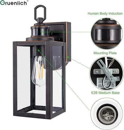 GRUENLICH Dusk to Dawn Outdoor Wall Lantern, PIR Motion Sensor Wall Sconce, E26 Base Max 60W, Metal Housing Plus Glass, Bulb Not Included, 2-Pack