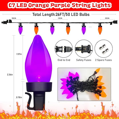 Purple and Orange Halloween Lights, 26Ft Halloween Outdoor String Lights with 50 LED Orange Purple Light, Waterproof Halloweens Decorations for Outdoor Indoor Patio Home Party Garden Yard