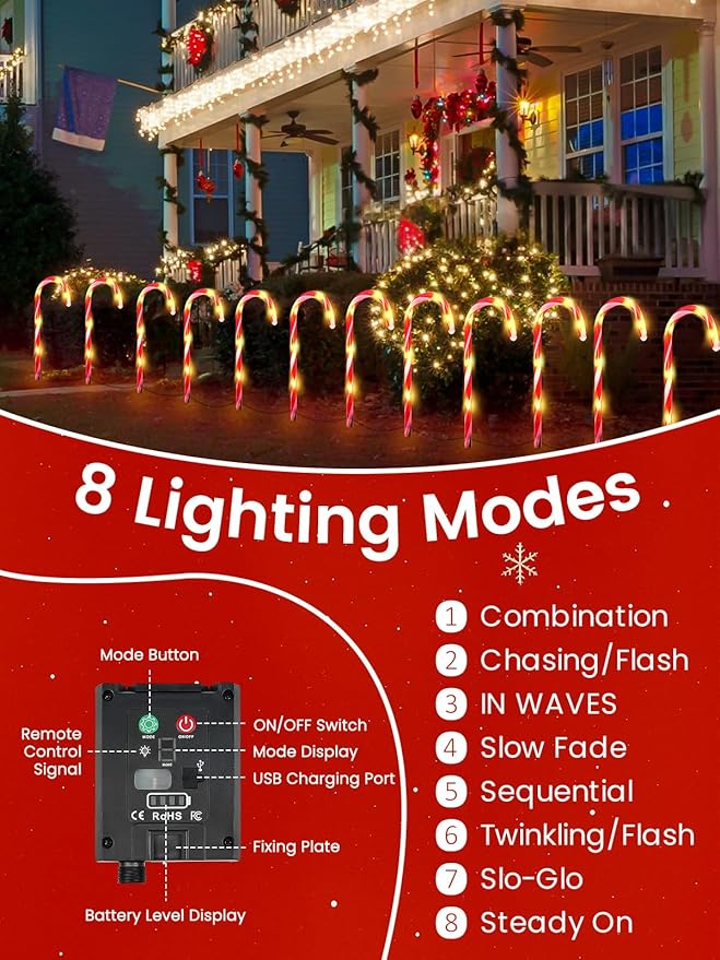 BOSSERN Upgraded 24 Pack Candy Cane Solar Christmas Lights Waterproof, Rechargeable Pathway Lights with Remote | Lumora