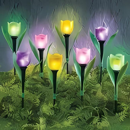 SkyMall Decorative Tulip Stake Lights – Set of 8 Battery-Powered Yard Lights – Garden Pathway LED Flowers in Pink, Purple, Yellow & Green – Outdoor Accent Lighting, 12” Tall, AAA Batteries Required