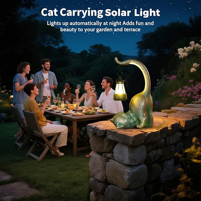 Solar Cat Garden Statue Outside Decor with Lantern for Yard Art Lawn Ornaments Porch Patio Balcony Housewarming Gifts Birthday Gift for Grandma Mom Women Sister Lover