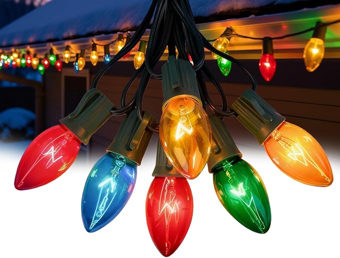 25 FT C9 Clear Multicolor Christmas String Light Outddor,Vintage Christmas Lights with 26 Edison Bulbs(1 Spare), C9/ E17 Base,Multicolor Lights for Xmas Tree Party Backyard Wedding Decor