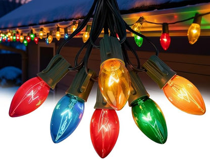 25 FT C9 Clear Multicolor Christmas String Light Outddor,Vintage Christmas Lights with 26 Edison Bulbs(1 Spare), C9/ E17 Base,Multicolor Lights for Xmas Tree Party Backyard Wedding Decor