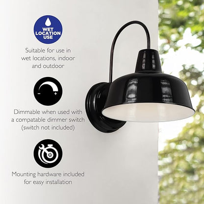 Design House Mason Farmhouse Gooseneck Barn Light, Outdoor Exterior Porch or Patio Wall Light Fixture, Satin Black, 10 Inch Diameter, 1-Pack, 588830-SB
