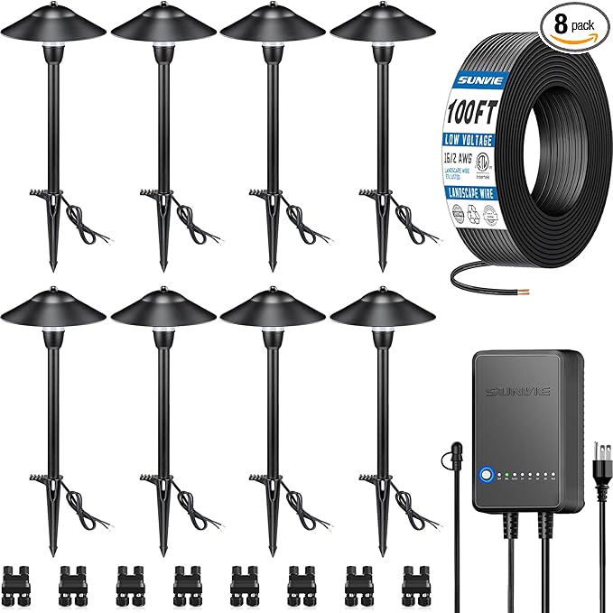 SUNVIE All-in-One LED Pathway Lighting Kit, 8-Pack Low Voltage Landscape Lights with Transformer and 100FT 16/2 AWG | Lumora