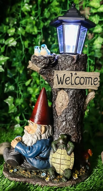 Ebros Gift Whimsical Summer Dream Garden Gnome with Buddy Turtle Taking a Short Nap Under Tree Outpost Crossroad Station Solar Path LED Courtesy Light Garden Statue Home Decorative Patio Figurine