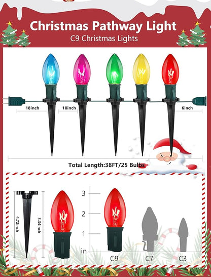 C9 Christmas Pathway Lights Outdoor, 38Ft Vintage Christmas Decorations String Lights with 27 C9 Multicolor Bulbs and 25 Stakes, Outside Walkway Lights for Driveway Sidewalk Yard Path Xmas Decor